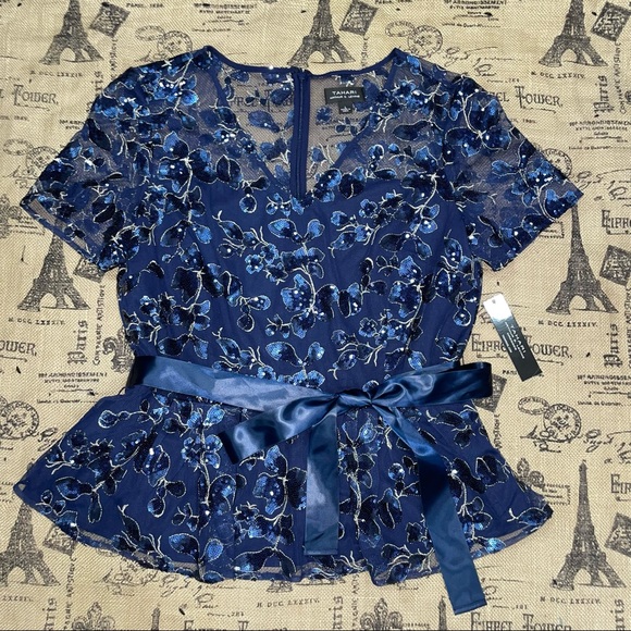 Tahari Arthur S. Levine NWT! Navy/Gold Floral Embroidery Sequins Blouse Size L - Picture 10 of 17